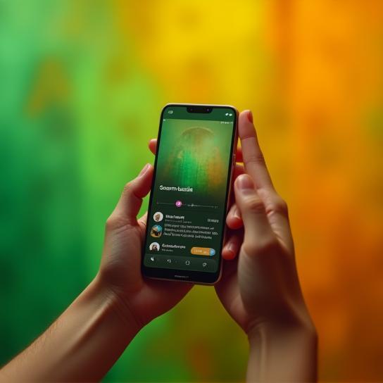 Usuário segurando celular com aplicativo de streaming da SomBrasil aberto, com fundo vibrante